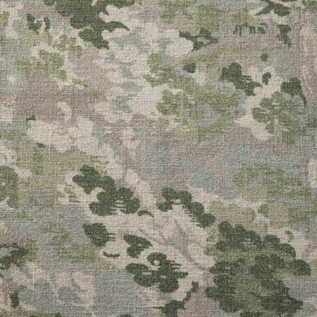 Indoor upholstery fabric with abstract ivy foliage pattern fabric with cream, pink and dark green shapes
